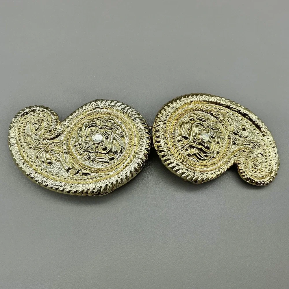 Belt Buckle Women Gold Tone Paisley Ornate Rhinestone Interlocking 5.5 Inch